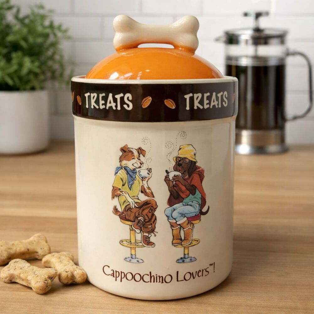 Coffee Kitchen Canister Ceramic Dog Treat Jar Cappuccino Dogs Bone Lid